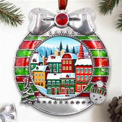 Christmas Background Design House Metal X mas Ribbon With Red Crystal Round Ornament