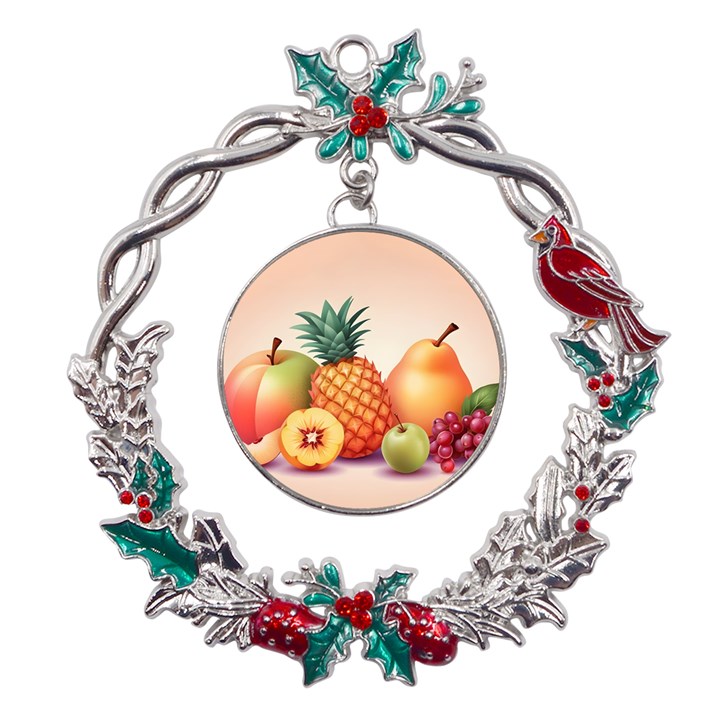 Fruit Pattern Apple Abstract Food Metal X mas Wreath Holly leaf Ornament