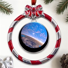 Earth Blue Galaxy Sky Space Metal Red Ribbon Round Ornament by Cemarart