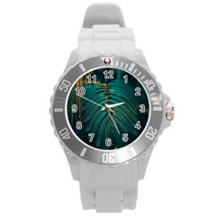 Dark Green Leaves Leaf Round Plastic Sport Watch (l) by Cemarart