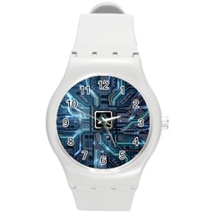 Circuit Board Motherboard Round Plastic Sport Watch (m) by Cemarart