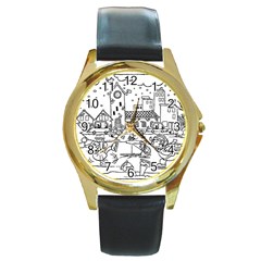 Colouring Page Winter City Skating Round Gold Metal Watch by Hannah976