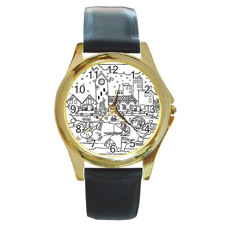 Colouring Page Winter City Skating Round Gold Metal Watch