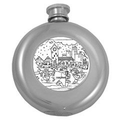 Colouring Page Winter City Skating Round Hip Flask (5 Oz) by Hannah976