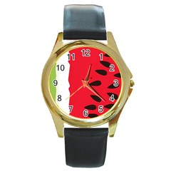 Watermelon Black Green Melon Red Round Gold Metal Watch by Cemarart