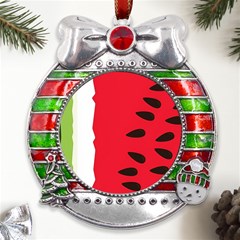 Watermelon Black Green Melon Red Metal X mas Ribbon With Red Crystal Round Ornament by Cemarart