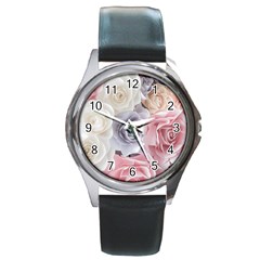 Pastel Rose Flower Blue Pink White Round Metal Watch by Cemarart