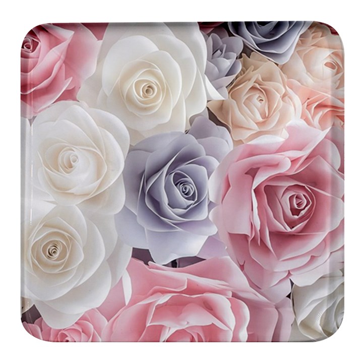 Pastel Rose Flower Blue Pink White Square Glass Fridge Magnet (4 pack)