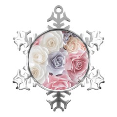 Pastel Rose Flower Blue Pink White Metal Small Snowflake Ornament by Cemarart