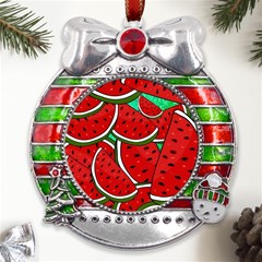 Summer Watermelon Fruit Metal X mas Ribbon With Red Crystal Round Ornament by Cemarart