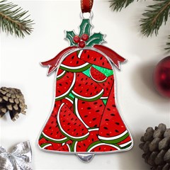 Summer Watermelon Fruit Metal Holly Leaf Bell Ornament by Cemarart