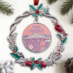 Ramen Kawaii Aesthetic Pink Metal X mas Wreath Holly Leaf Ornament by Cemarart