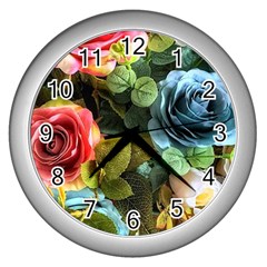 Flower Roses Wall Clock (silver) by Cemarart