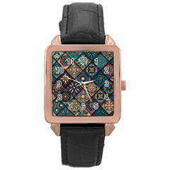 Flower Texture Background Colorful Pattern Rose Gold Leather Watch  by Cemarart