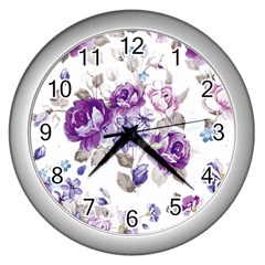 Flower-floral-design-paper-pattern-purple-watercolor-flowers-vector-material-90d2d381fc90ea7e9bf8355 Wall Clock (silver) by saad11