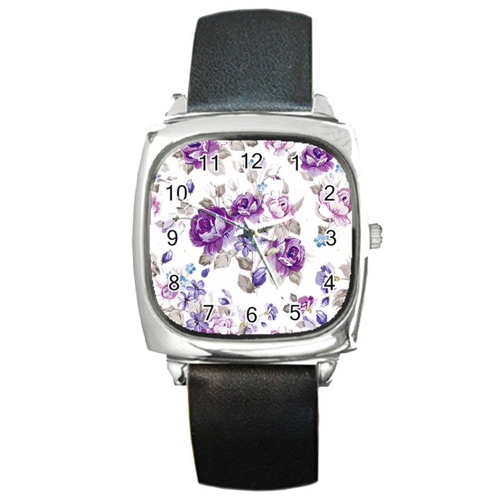 Flower-floral-design-paper-pattern-purple-watercolor-flowers-vector-material-90d2d381fc90ea7e9bf8355 Square Metal Watch