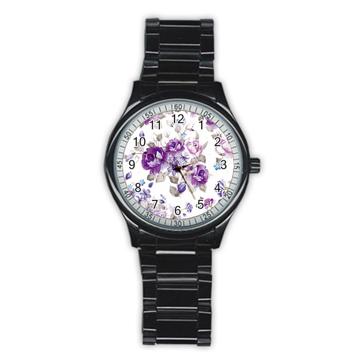 Flower-floral-design-paper-pattern-purple-watercolor-flowers-vector-material-90d2d381fc90ea7e9bf8355 Stainless Steel Round Watch