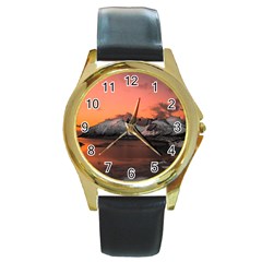 Surreal Mountain Landscape Lake Round Gold Metal Watch by Bedest