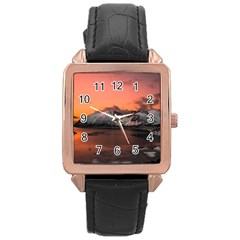 Surreal Mountain Landscape Lake Rose Gold Leather Watch  by Bedest