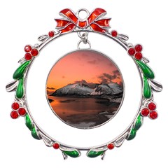 Surreal Mountain Landscape Lake Metal X mas Wreath Ribbon Ornament by Bedest