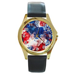 Red White And Blue Alcohol Ink American Patriotic  Flag Colors Alcohol Ink Round Gold Metal Watch by PodArtist