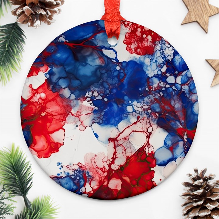 Red White and Blue Alcohol Ink American Patriotic  Flag Colors Alcohol Ink Round Ornament (Two Sides)