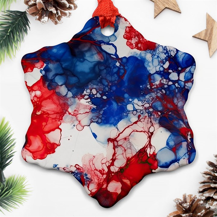 Red White and Blue Alcohol Ink American Patriotic  Flag Colors Alcohol Ink Snowflake Ornament (Two Sides)