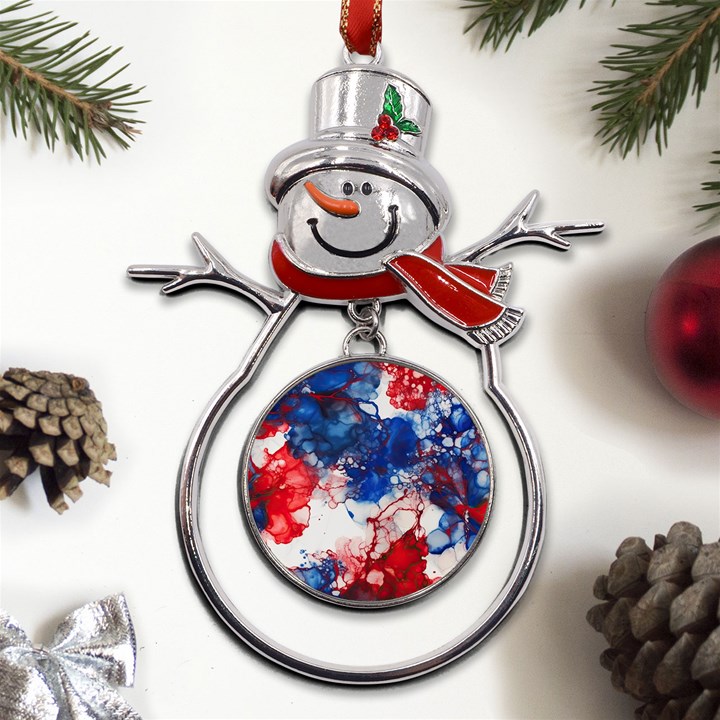 Red White and Blue Alcohol Ink American Patriotic  Flag Colors Alcohol Ink Metal Snowman Ornament