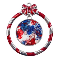 Red White And Blue Alcohol Ink American Patriotic  Flag Colors Alcohol Ink Metal Red Ribbon Round Ornament