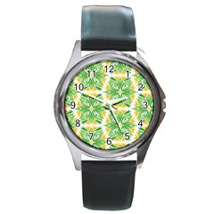 Green Pattern Retro Wallpaper Round Metal Watch by Bajindul