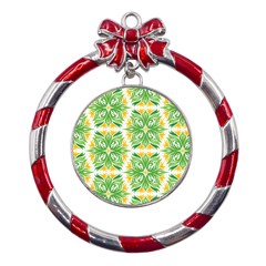 Green Pattern Retro Wallpaper Metal Red Ribbon Round Ornament