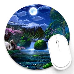 Flamingo Paradise Scenic Bird Fantasy Moon Paradise Waterfall Magical Nature Round Mousepad by Ndabl3x