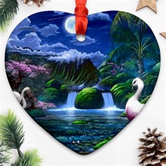 Flamingo Paradise Scenic Bird Fantasy Moon Paradise Waterfall Magical Nature Ornament (heart) by Ndabl3x