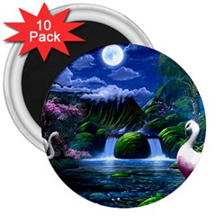 Flamingo Paradise Scenic Bird Fantasy Moon Paradise Waterfall Magical Nature 3  Magnets (10 Pack)  by Ndabl3x