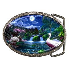 Flamingo Paradise Scenic Bird Fantasy Moon Paradise Waterfall Magical Nature Belt Buckles by Ndabl3x