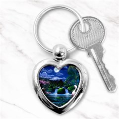 Flamingo Paradise Scenic Bird Fantasy Moon Paradise Waterfall Magical Nature Key Chain (heart) by Ndabl3x