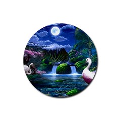 Flamingo Paradise Scenic Bird Fantasy Moon Paradise Waterfall Magical Nature Rubber Coaster (round) by Ndabl3x