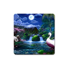 Flamingo Paradise Scenic Bird Fantasy Moon Paradise Waterfall Magical Nature Square Magnet by Ndabl3x