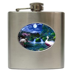 Flamingo Paradise Scenic Bird Fantasy Moon Paradise Waterfall Magical Nature Hip Flask (6 Oz) by Ndabl3x