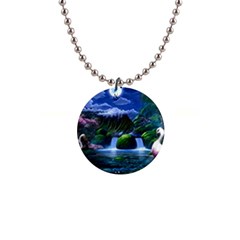 Flamingo Paradise Scenic Bird Fantasy Moon Paradise Waterfall Magical Nature 1  Button Necklace by Ndabl3x