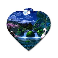 Flamingo Paradise Scenic Bird Fantasy Moon Paradise Waterfall Magical Nature Dog Tag Heart (one Side) by Ndabl3x