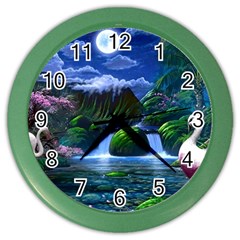 Flamingo Paradise Scenic Bird Fantasy Moon Paradise Waterfall Magical Nature Color Wall Clock by Ndabl3x