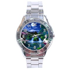 Flamingo Paradise Scenic Bird Fantasy Moon Paradise Waterfall Magical Nature Stainless Steel Analogue Watch by Ndabl3x