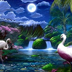 Flamingo Paradise Scenic Bird Fantasy Moon Paradise Waterfall Magical Nature Play Mat (square) by Ndabl3x