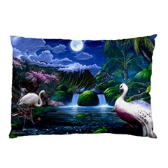 Flamingo Paradise Scenic Bird Fantasy Moon Paradise Waterfall Magical Nature Pillow Case (two Sides) by Ndabl3x