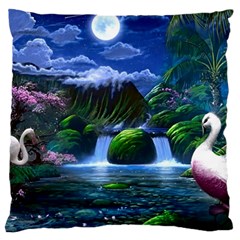 Flamingo Paradise Scenic Bird Fantasy Moon Paradise Waterfall Magical Nature Large Cushion Case (two Sides) by Ndabl3x