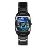 Flamingo Paradise Scenic Bird Fantasy Moon Paradise Waterfall Magical Nature Stainless Steel Barrel Watch Front