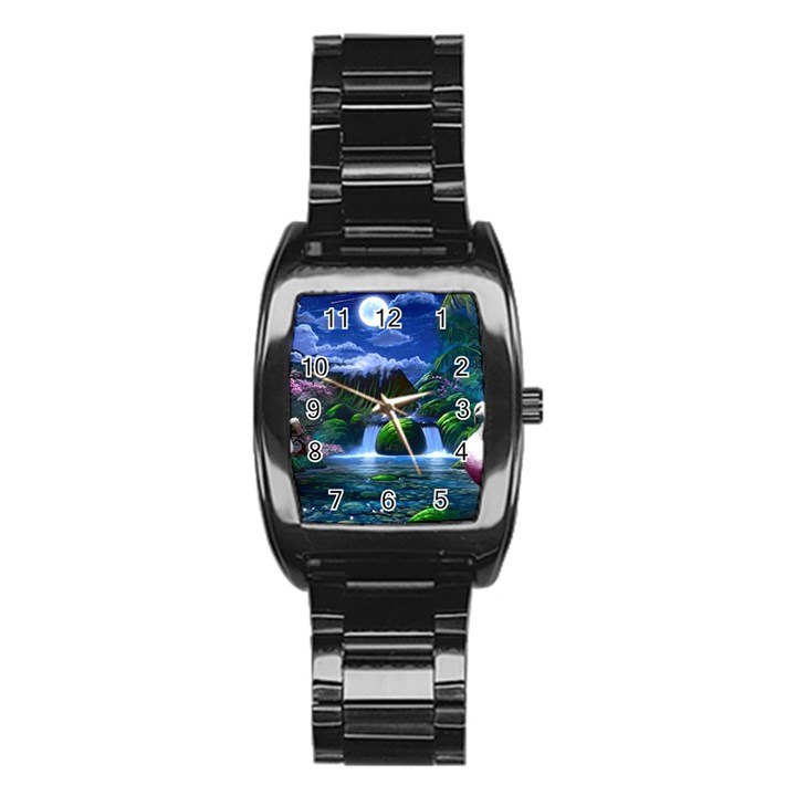 Flamingo Paradise Scenic Bird Fantasy Moon Paradise Waterfall Magical Nature Stainless Steel Barrel Watch