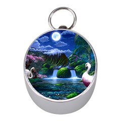 Flamingo Paradise Scenic Bird Fantasy Moon Paradise Waterfall Magical Nature Mini Silver Compasses by Ndabl3x