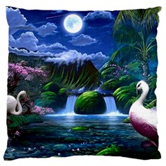 Flamingo Paradise Scenic Bird Fantasy Moon Paradise Waterfall Magical Nature Large Premium Plush Fleece Cushion Case (one Side) by Ndabl3x